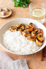 Chicken in teriyaki sauce with rice. Asian food. Healthy eating.