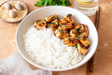 Chicken in teriyaki sauce with rice. Asian food. Healthy eating.