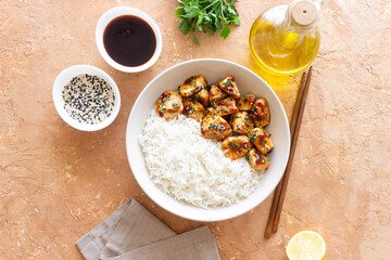 Chicken in teriyaki sauce with rice. Asian food. Healthy eating.
