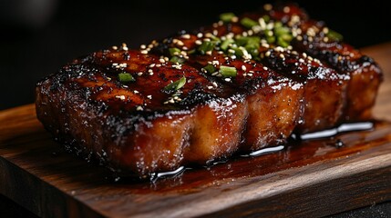 Delicious glazed meat dish garnished with herbs on a wooden board.