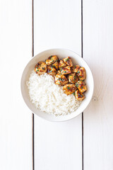 Chicken in teriyaki sauce with rice. Asian food. Healthy eating.