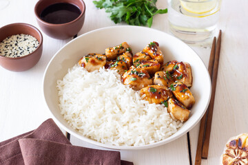 Chicken in teriyaki sauce with rice. Asian food. Healthy eating.