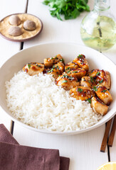 Chicken in teriyaki sauce with rice. Asian food. Healthy eating.