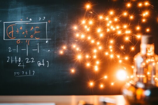 An elegant representation of an algebra equation projected onto a wall in a dark classroom, illuminated by a single light source