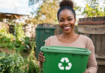 A joyful Black woman is holding a green recycling bin while standing in her garden, participating in an eco-friendly cleanup effort