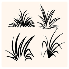 Grass silhouette. Black field isolated elements. Spring summer hand drawn herb, park lawn meadow sketch style, cartoon flat isolated botanical elements, ecological symbol