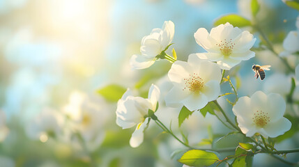 Fototapeta premium white flower with blur background infested with bees. Bright spring banner background.