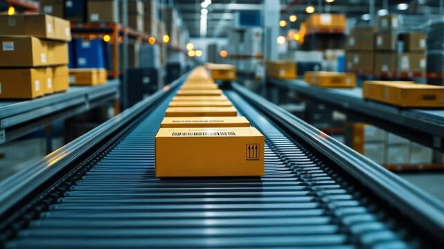 Automated Delivery Line: A detailed view of an active automated delivery line, with packages moving along a conveyor belt through a warehouse. The scene represents the modern logistics.