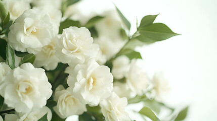 White jasmine flowers on a white background, close-up. White jasmine flowers with leaves on the right side of the image and empty space for text. wedding banner background.