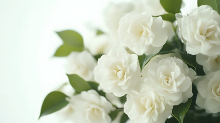White jasmine flowers on a white background, close-up. White jasmine flowers with leaves on the right side of the image and empty space for text. wedding banner background.