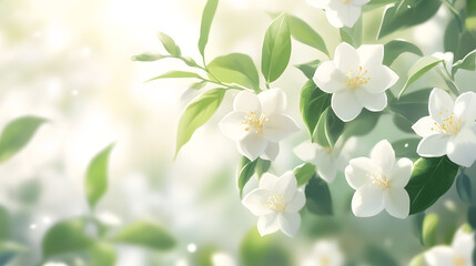 Obraz premium White jasmine flowers on a white background, close-up. White jasmine flowers with leaves on the right side of the image and empty space for text. wedding banner background.