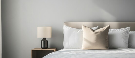 Modern bedroom interior design with beige cushions and table lamp