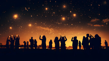 Fototapeta premium Crowds of enthusiastic stargazers standing under a clear night sky full of stars and a bright moon illuminating the scene.