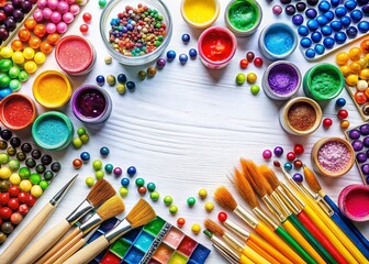 Naklejka premium Vibrant Art Supplies: Paints, Brushes & Beads for DIY Crafts & Creative Projects