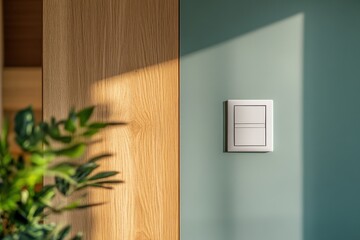 Modern light switch on a green wall in a room with wooden paneling