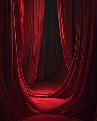 Fototapeta premium Red fabric drapes and a red carpet in a dark room, 