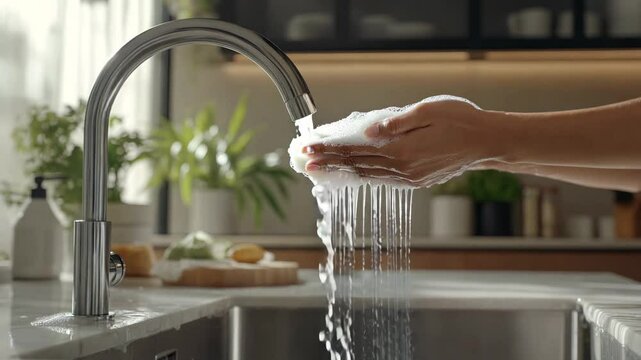 A close-up of hands gently cupping soapy water under a running faucet in a bright, sunlit kitchen. The sunlight streaming through the window highlights the sparkling bubbles and flowing water