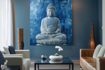 Ancient statue great Buddha on bright holiday composition, abstract vivid composition consists of fictional unreal fantastic vision on background