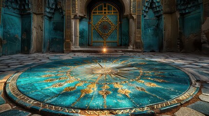 A blue and gold mosaic floor with a large sun in the center
