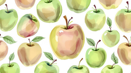 Watercolor pattern green apple white background