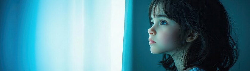 Fototapeta premium Child staring out of a window, face shadowed by quiet sorrow
