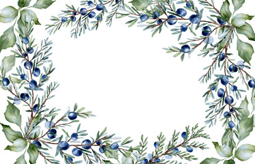 Leaves sage green tones and juniper branches watercolor border isolated on white. Hand drawn botanical greenery frame for wedding invitations, packaging. Soft dusty green foliage greeting card design.