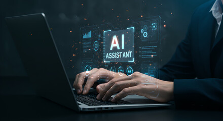 Naklejka premium Assistant Ai chat bot, technology on laptop, hand search information. Artificial Intelligence dashboard to help business, used in life. Technology smart robot AI connecting with cloud data
