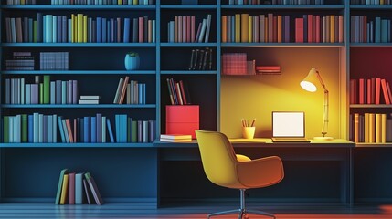 Education & E-learning Cozy workspace with bookshelves and a desk lamp illuminating the area. Unique and Creative Concepts