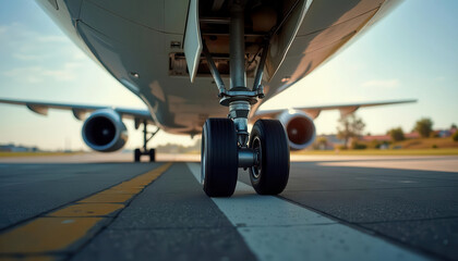 Low angle view of an airplane landing gear on a runway, showcasing aviation technology and travel readiness.