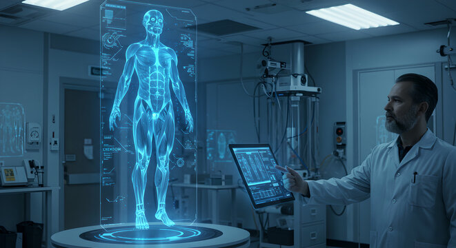 Futuristic analyzing body of doctor on an interactive holographic display. Digital Twin Simulation. High-tech study personalized health person. Future of biomedicine, diagnostic. Advanced tech