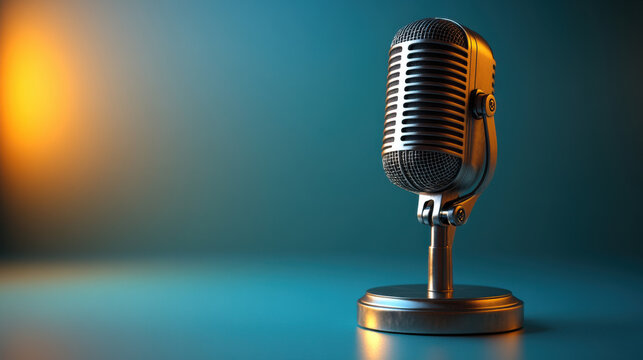 Floating microphone captivates attention in a clean white space with a colorful gradient background, perfect for creative audio experiences