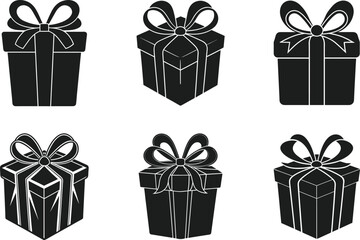 Collection of Gift Box Silhouettes with Ribbon Bows - Vector Illustration