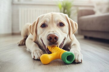 A happy Labrador retriever is lying at home with a chew toy for cleaning dog teeth. A golden retriever puppy chews a toy for cleaning dog teeth. Oral hygiene for dogs of all breeds. Dog dental Care