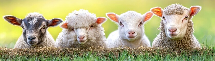 Obraz premium A flock of sheep grazing peacefully in lush green pasture on sunny day