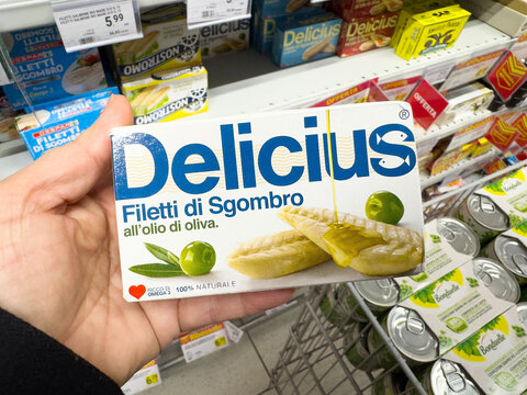 Hand holding delicius mackerel fillets in olive oil can in grocery store