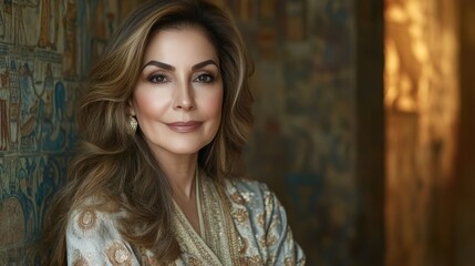 Fototapeta premium Elegant Middle-Aged Woman with Long Brown Hair Posing Against an Antique Tapestry