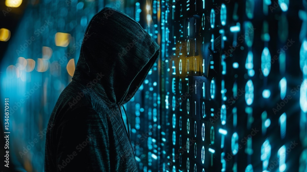Poster hacker analyzing data breach trends while surrounded by projections of digital code in a dark enviro