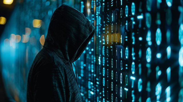 Hacker analyzing data breach trends while surrounded by projections of digital code in a dark environment