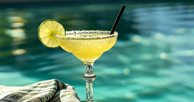 Refreshing cocktail by the poolside on a sunny day with vibrant lime garnish