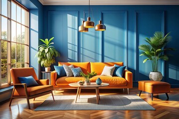 Vibrant Living Room: Blue Walls, Orange Furniture, Cozy Interior Design Stock Photo