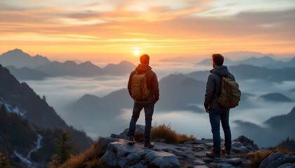 Two young men on top of a mountain with rucksacks