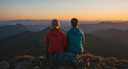 Naklejka premium Couple sitting looking at the sunset from a mountain