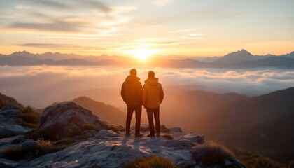 Two men look at the sunet from a mountain peak