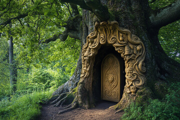 Wooden door carved into a tree trunk surrounded by autumn leaves in a forest setting