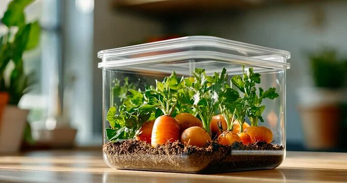 Close-up view of young carrots and parsley plants growing in a clear, square container on a light brown wooden surface. Soft, natural light illuminates the scene