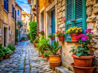 Fototapeta premium Vibrant Mediterranean Town, Coastal Architecture Macro Details, Sunny Day, Close-up View