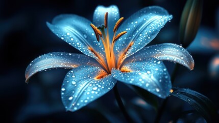 Blue lily flower dew drops night garden nature