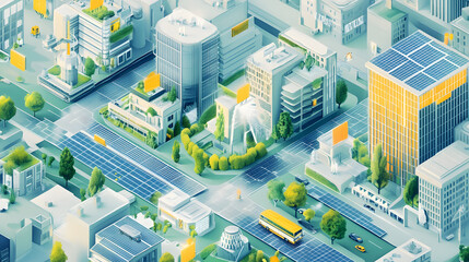 Illustrations of smart cities with green infrastructure, solar panel streets, and renewable energy systems for urban sustainability.
