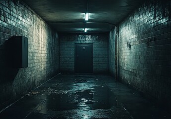 Dark Hallway with Metal Door and Wet Floor