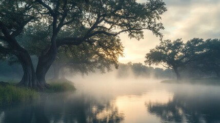 Mystical dawn river landscape with ancient oak trees shrouded in fog and mist